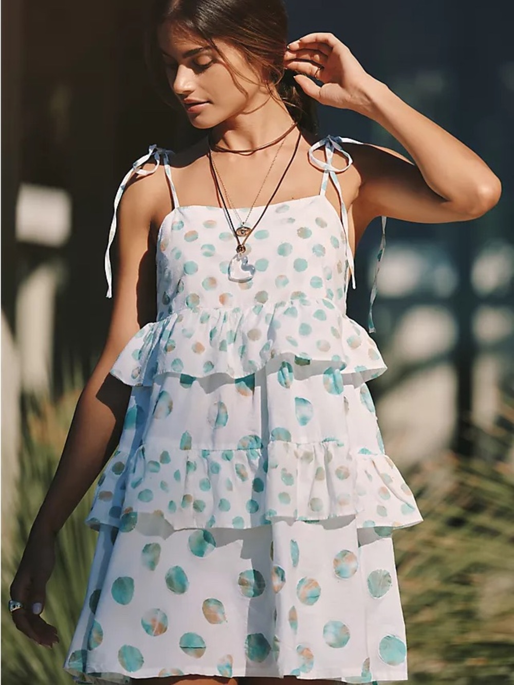 Celandine Anthropologie Tiered Mini Apron Dress Blue/Green Polka Dot Medium